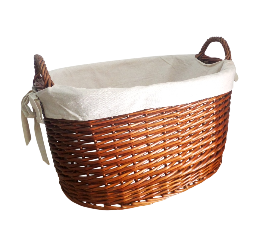 Cesta de mimbre ovalada con asas forrada color